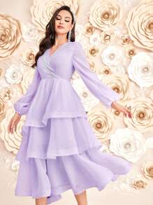 Modelyn Ladies' Solid Color Lace Flower Edge Lantern Sleeve Dress Long Evening Dresses - Mauve Purple - View 7
