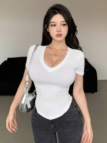 DAZY Women's Solid Color V-Neck Short-Sleeved T-Shirt Summer - White - View 3