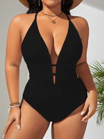 Swim SXY Plus Size Summer Beach Enfärgad Cross Back Cutout Self Tie One-Piece Baddräkt