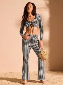 Forever 21 Vacation Casual Striped Crochet Flared Pants - Black and White - View 3