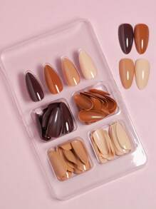 VV MEI JIA ER 4種顏色（共96片）秋冬裸色實心閃亮設計自然假指甲中號杏仁形設備套裝，備有收納盒作為女士和女孩的禮物送上，內附1張膠帶和1支指甲銼，為指甲配件 - 彩色 - 查看 4
