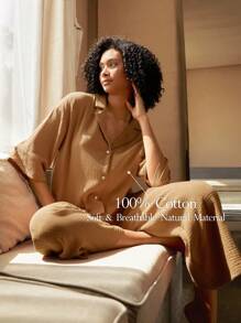 Ocili Leisure Drop Shoulder Button Front Lounge Top - Brown - View 2