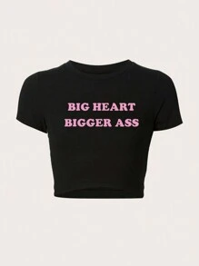 TRNVIE Áo thun tay ngắn họa tiết khẩu hiệu BIG HEART BIGGER cỡ lớn, mùa hè - màu đen - Xem 1