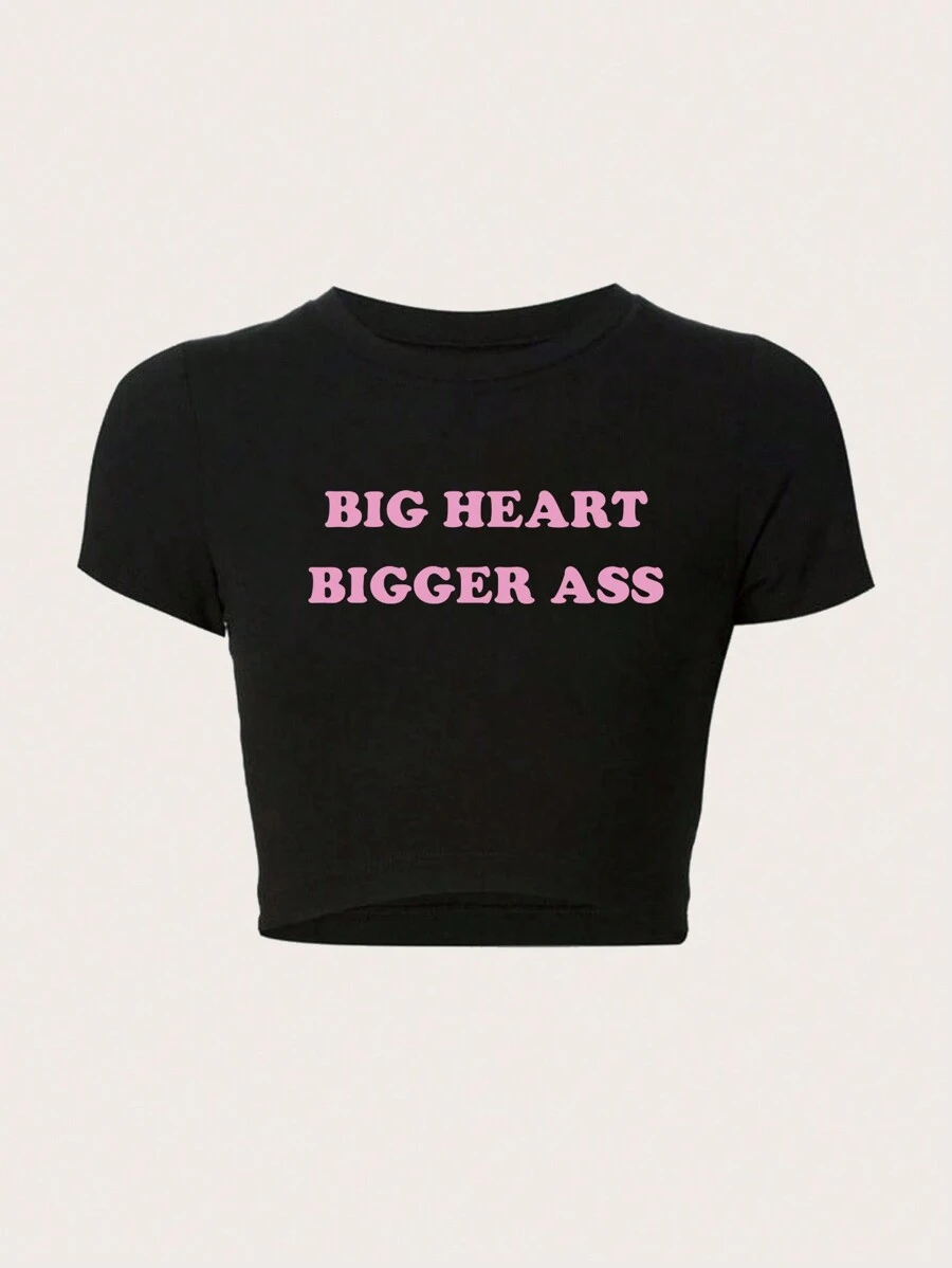 TRNVIE Áo thun tay ngắn họa tiết khẩu hiệu BIG HEART BIGGER cỡ lớn, mùa hè - màu đen - Xem 1