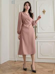 DAZY Women's Solid Color Surplice Neck Lantern Sleeve Dress,Fall Dress - Pink - View 4
