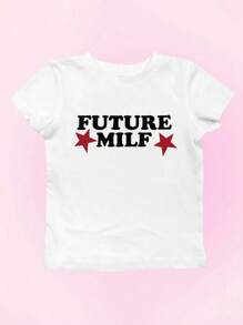 INAWLY Women's Y2k Short Sleeve T-Shirt With Letter & Pentagram Prints