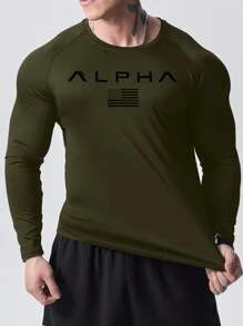 Manfinity Sport Corelite 男友风男士长袖运动T恤，带字母和旗帜印花，长袖衬衫，健身上衣，透气 - 軍綠色 - 查看 4