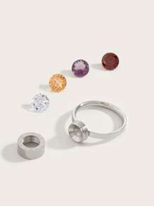 1枚時尚不鏽鋼羅馬數字四色立方氧化鋯戒指女士珠寶婚禮聚會約會禮物 - 銀色 - 查看 3