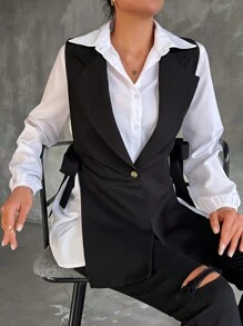 SHEIN Tall Tall Size Bow Sleeveless Coat & Puff Sleeves Shirt - Multicolor - View 3