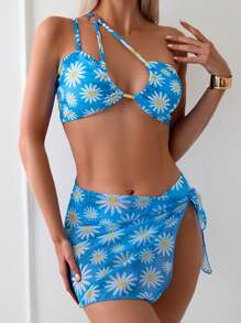 SHEIN Swim Conjunto de biquíni feminino estampado com margaridas, um ombro, oco, sexy, conjunto de biquíni de duas peças, verão, praia