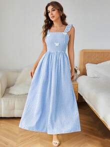 SHEIN Privé 無袖甜心背心格紋連身裙,蝴蝶裝飾 - 藍色 - 查看 3