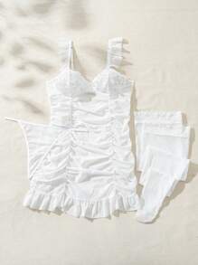 SHEIN Vestido de lencería con encaje y entredós, con bajo con volantes para mujeres
