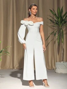 HEAVINZ LANE Mono de mujer con hombros descubiertos, piernas anchas y diseño de flor 3D con cintura ceñida, para vacaciones y festivales - Blanco - Ver 6