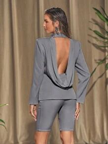 HEAVINZ LANE Designer Business Casual Chiffon Cowl Back And Stereo Flower Blazer, For Holiday, Going Out, Festival, Office - Grey - View 2