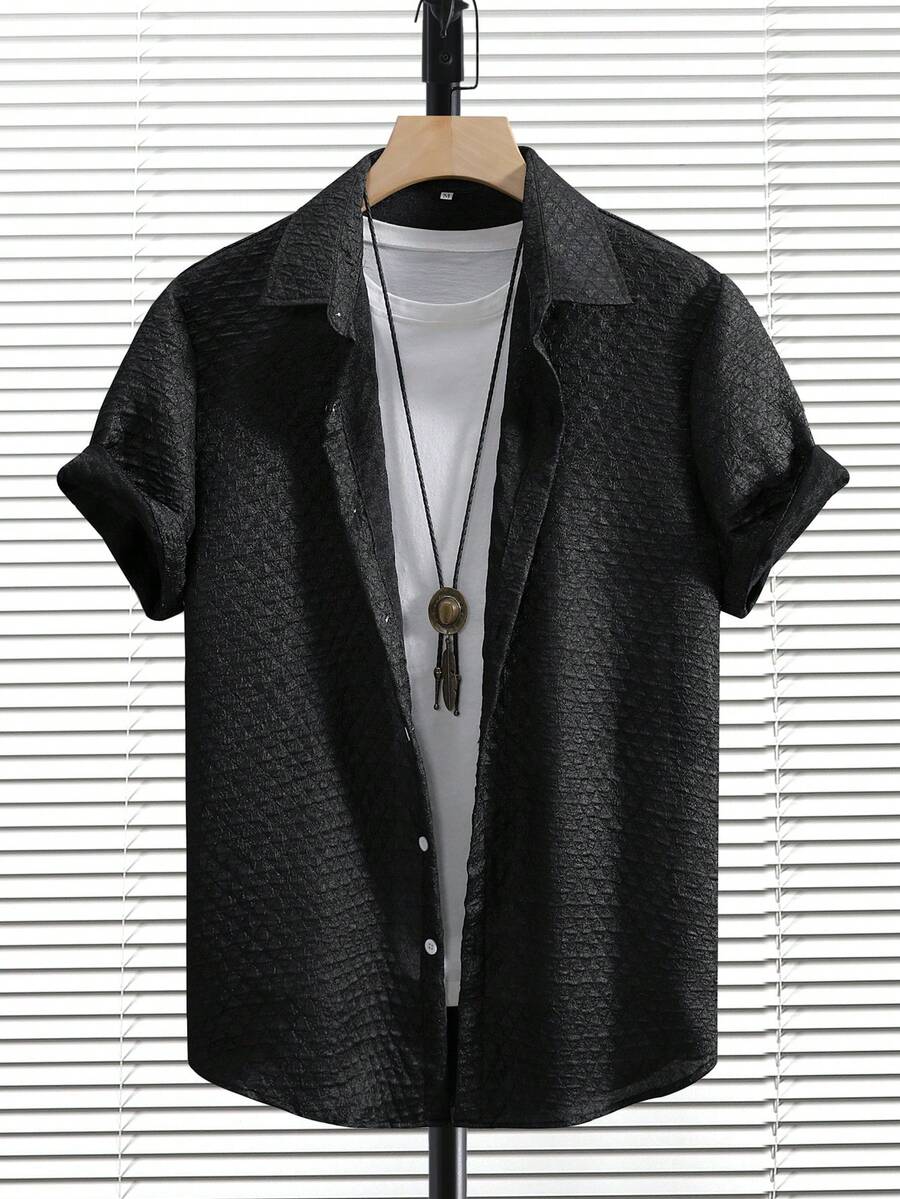 Manfinity Homme Nam Màu thuần Single-breasted Ngắn tay Áo sơ mi - màu đen - Xem 1