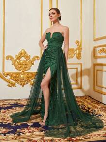 Split Thigh Mesh Tube Dress - Green - View 4