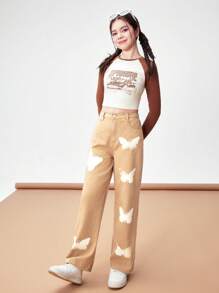 Teen Girls' Butterfly Pattern Casual Straight Leg Jeans - Khaki - View 3