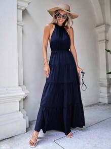 SHEIN LUNE Vestido de cuello halter sin espalda con cintura empire y abertura alta en color liso - Azul Marino - Ver 6