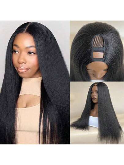 Kinky Straight U Part Wig 22 Inch U Part Yaki Straight Synthetic Hair Wig For Women Daily Use Glueless Full Machine Made Wigs