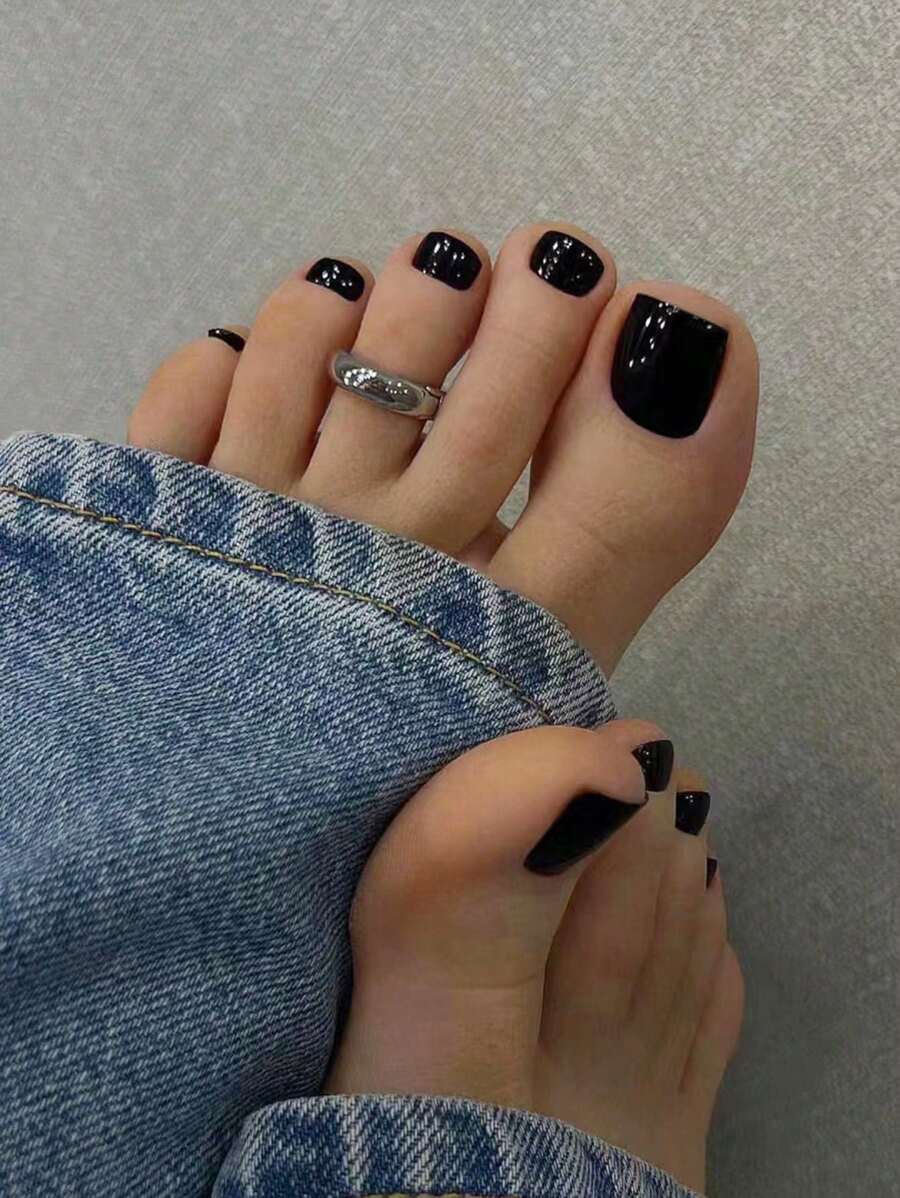 VV MEI JIA ER 24入組短方形實心全覆式假趾甲套裝，時尚舒適按壓式指甲套裝，美甲用品 - 黑色 - 查看 1