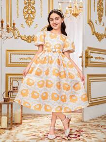 SHEIN Tween Girl's Loose Fit Casual Round Neck Bubble Sleeve Dress - Gold - View 4