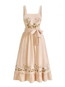 ROMWE Fairycore 鄉村風格牛奶女工花卉刺繡加大碼連衣裙 - 杏色 - 查看 1