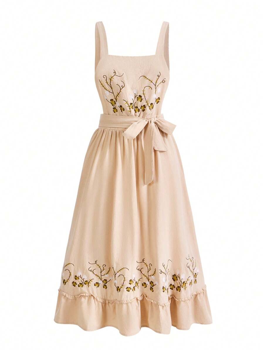 ROMWE Fairycore 鄉村風格牛奶女工花卉刺繡加大碼連衣裙 - 杏色 - 查看 1