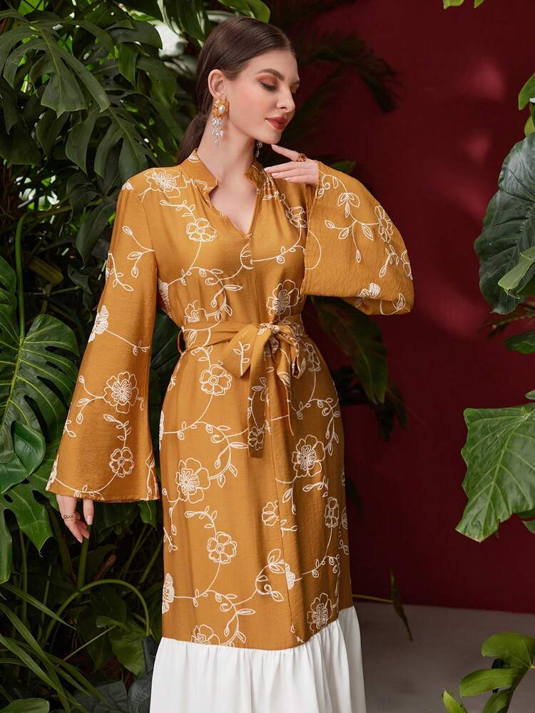 Women's Floral & Stripe Print Bell Sleeves Dress