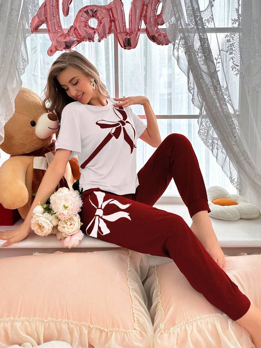 女士蝴蝶结印花圆领短袖白色 T 恤和裤子睡衣套装 - 白色 - 查看 1