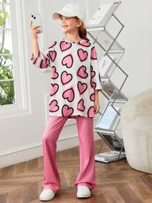 SHEIN Leap Crew 少女輕鬆愛心印花短袖T恤+實色喇叭褲針織套裝2件裝 - 粉色 - 查看 3
