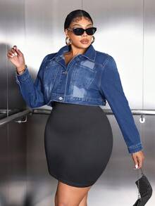 SHEIN SXY Kích thước lớn Ngắn Denim mùa giặt Áo khoác denim Với nút Không nút - Rửa tối - Xem 3