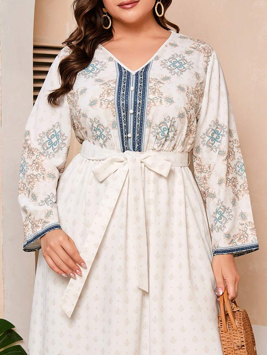 Mulvari 加大尺碼印花v領束腰連衣裙 - 彩色 - 查看 1