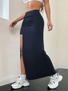 SHEIN EZwear Váy dài xẻ cao xếp ly màu trơn cho nữ - Màu xanh lam - Xem 3