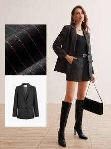 MOTF PREMIUM Blazer De Solapa De Cuello Con Estampado De Rayas - Gris - Ver 9