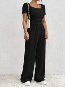 SHEIN Frenchy Conjunto casual de 2 piezas para mujer con camiseta de manga corta de cuello cuadrado y pantalones anchos de cintura elástica - Ropa de vuelta al colegio, ropa de otoño para mujer, estilo "old money", ropa de profesora, pantalones de pijama, informal femenino - Negro - Ver 4