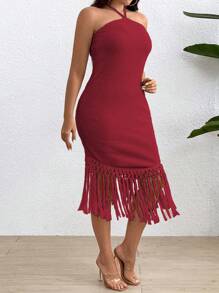 Franclia Plus Size Sleeveless Fringed Solid Color Slim Fit Halter Neck Fashion Dress