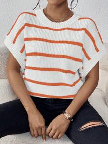 SHEIN LUNE Women's Loose Striped Short Sleeve Knitted Top - Orange - View 3