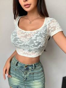DAZY Áo Crop Top Ren Bodycon Trong Suốt Cho Nữ - trắng - Xem 5