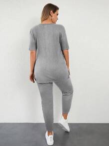 Cloudara Women's Plus Size Solid Color Vertical Striped Short Sleeve Top And Long Pants Two Piece Set - Light Grey - View 2