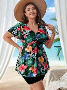 Swim Lushoire Kích thước lớn Bản in nhiệt đới Cổ chữ V Dây rút Xù Áo bơi Bộ - màu đen - Xem 5