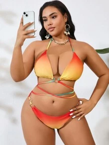 SHEIN Swim Curve Summer Beach Plus Size Gradient Halter Triangle Bra & Bikini Bottom Set