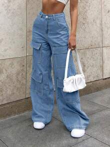 Women's Casual Loose Wide Leg Multi-Pocket Denim Jeans - Light Wash - View 4
