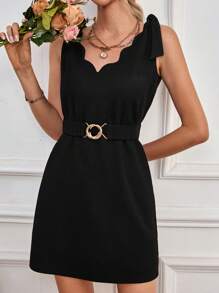 SHEIN Frenchy Women's Summer Sleeveless Knot Front Shell-Edge  V-Neck Dress With Curved Hemline Black Casual - Black - View 5