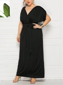 Plus Size Solid Color Batwing Sleeve Extra Long Dress - Black - View 4
