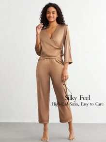 Ocili Elegant Coffee Brown V Neck Pant Set With Wrap Tie Front For Women Sleepwear