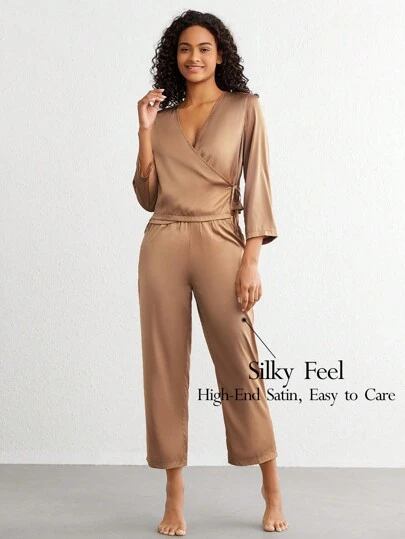 Ocili Elegant Coffee Brown V Neck Pant Set With Wrap Tie Front For Women Sleepwear