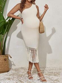 SHEIN Maternity One Shoulder Sleeveless Fringe Hem Fitted Dress With Patchwork - Apricot - View 3