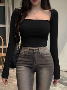 DAZY 女式纯色方领长袖T恤夏季短款女式上衣 - 黑色 - 查看 5