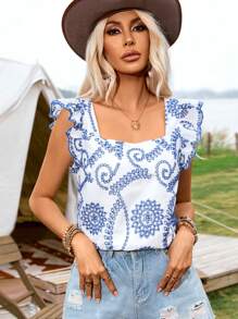 SHEIN VCAY 刺繡方領荷葉邊襯衫,配飾邊緣,適用於春/夏假期 - 藍白色 - 查看 1
