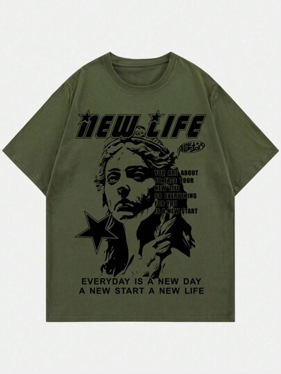 Street Life T-shirt à manches courtes pour hommes avec portrait et impression de lettres, école